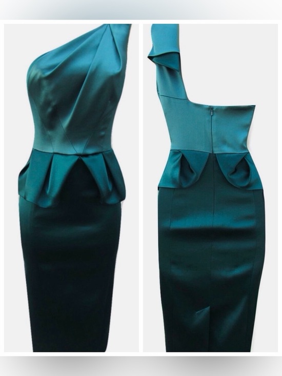 Karen Millen Dresses & Skirts - Karen Millen Emerald Satin One-Shoulder Peplum Sheath Cocktail Dress Sz 10